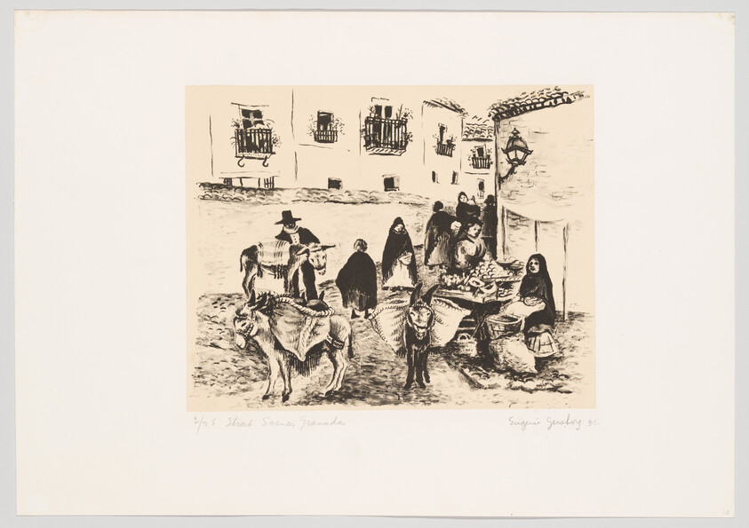 Villagers gather around donkeys and a market stall in a small town square.