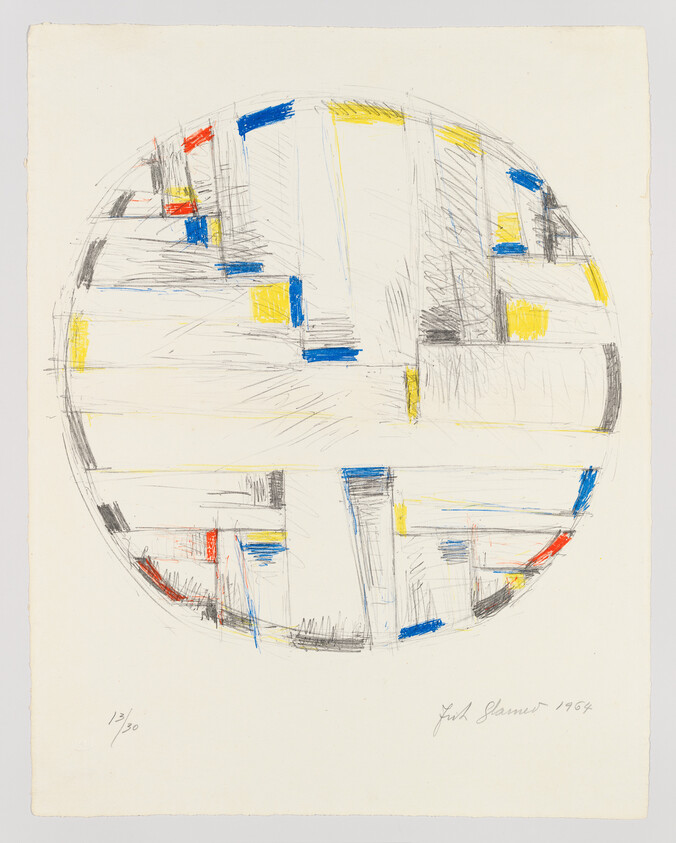 A hand-drawn circular abstract with pencil hatching and small blue, yellow, and red rectangular marks.