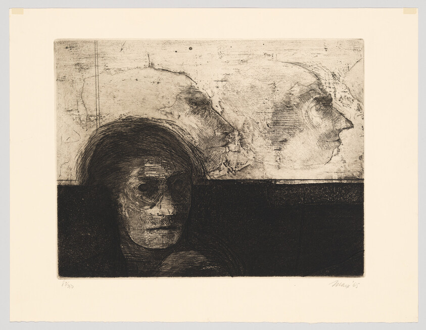 A dark, textured portrait of a seated figure with two ghostly profile heads above.