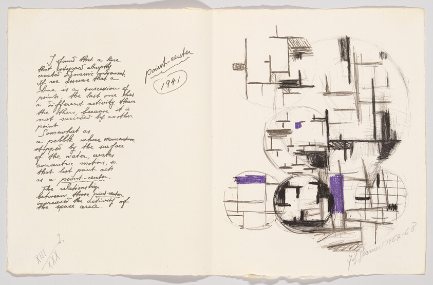 Open sketchbook showing handwritten notes and abstract grid-like circular sketches with purple highlights.