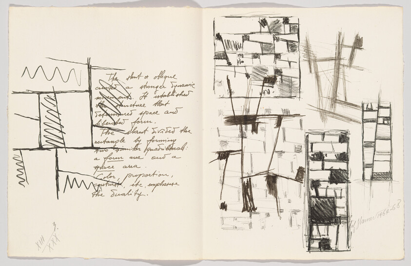 Open sketchbook showing abstract architectural sketches and handwritten notes across two cream-colored pages.