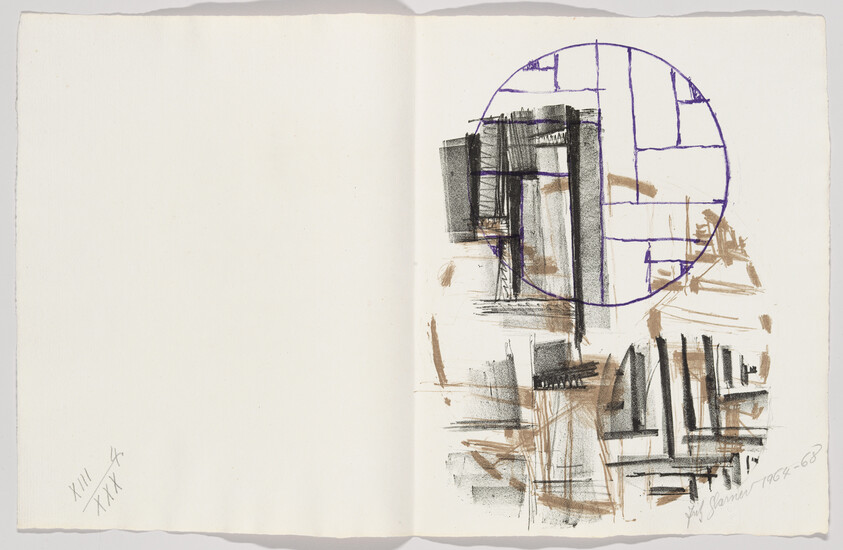 Abstract sketchbook spread with a purple grid circle and charcoal and brown architectural marks on the right page.