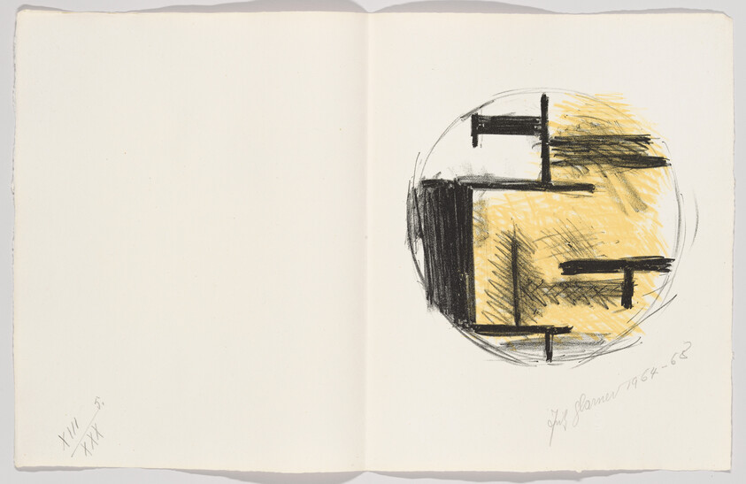 An open sketchbook shows a circular abstract yellow and black geometric drawing on the right page.