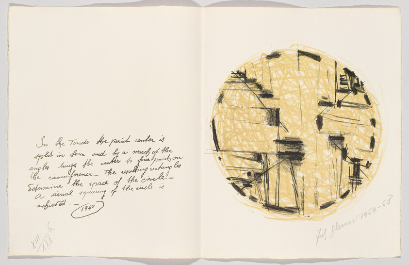 Open sketchbook showing handwritten notes on the left and a large yellow scribbled circle drawing on the right.