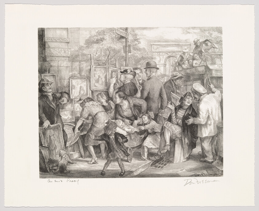 Crowded street market with vendors displaying paintings while families and children push a stroller through.