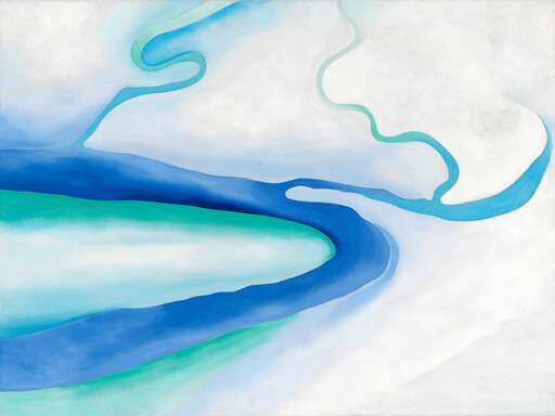 Abstract painting showing flowing blue and green curved bands resembling a river winding through white space.