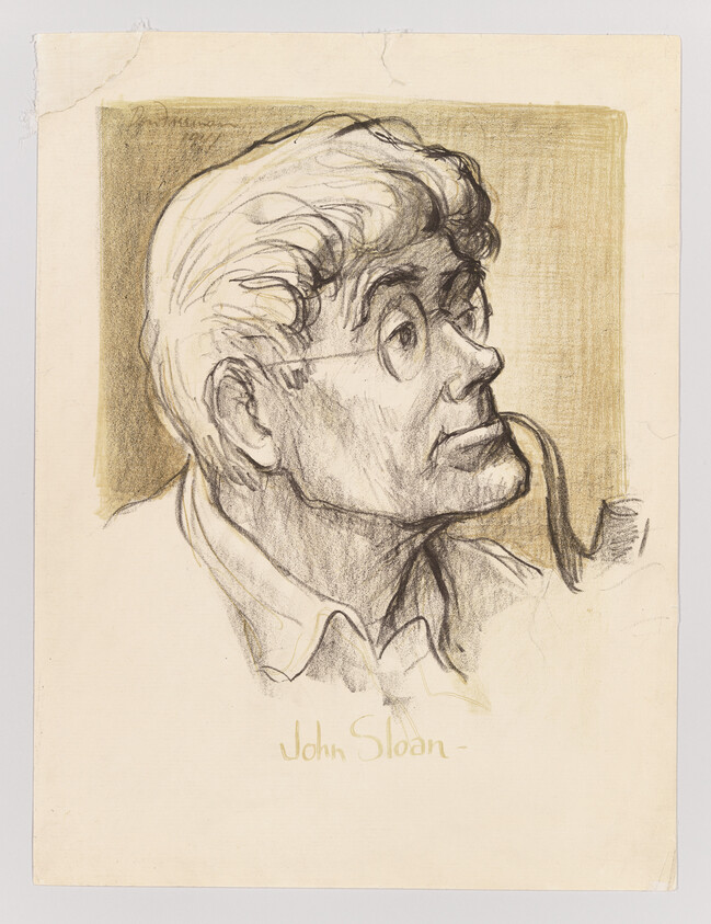 Charcoal portrait of an older man with glasses looking upward while holding a pipe in his mouth.
