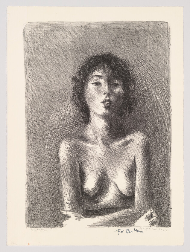 A charcoal sketch of a topless woman seated with crossed arms, gazing directly ahead.