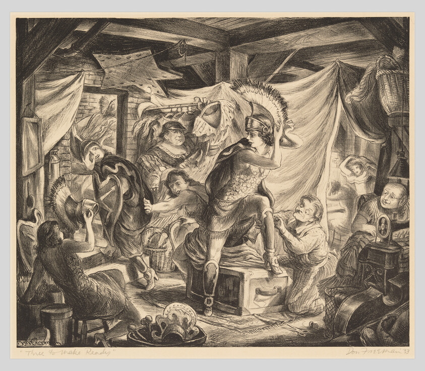 Children and adults help a young man don a Roman helmet and armor in a cluttered attic.