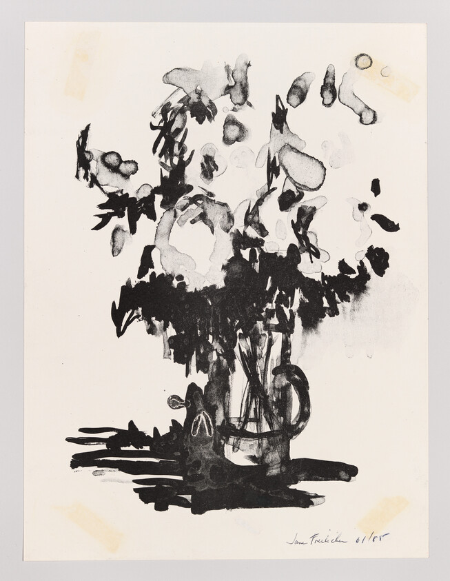 A loose black ink painting of flowers in a glass vase with abstract foliage.
