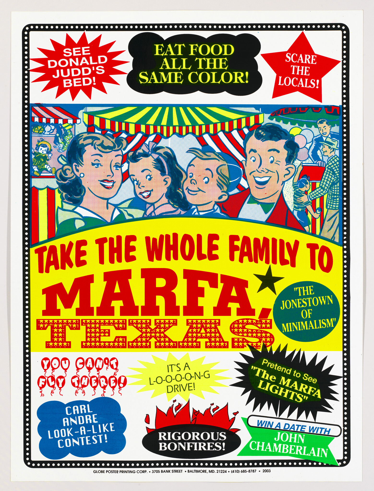 Take the whole family to Marfa, Texas poster featuring smiling family and bold promotional slogans.