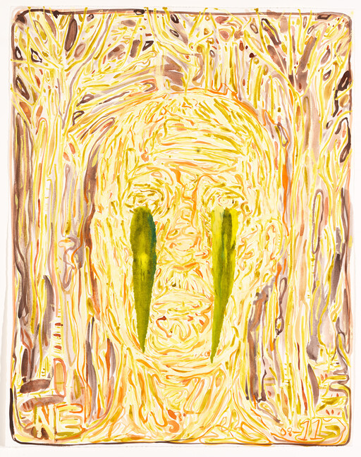 An abstract yellow face with long green tears streaming down amid swirling tree-like lines.
