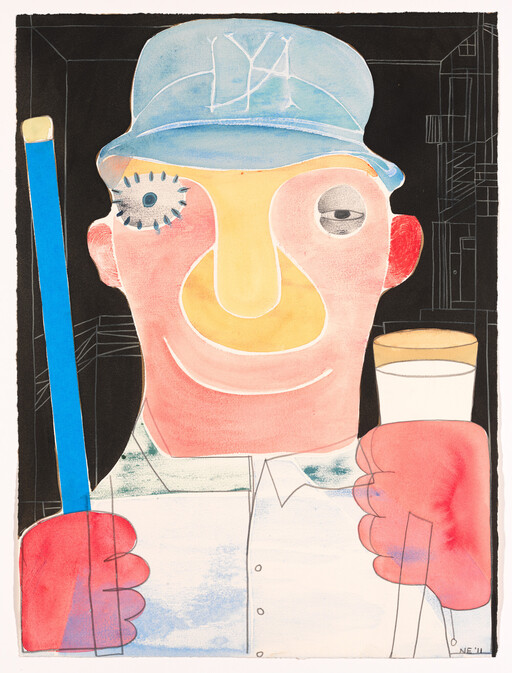 A smiling man in a blue hat holds a blue pole in one hand and a glass in the other.