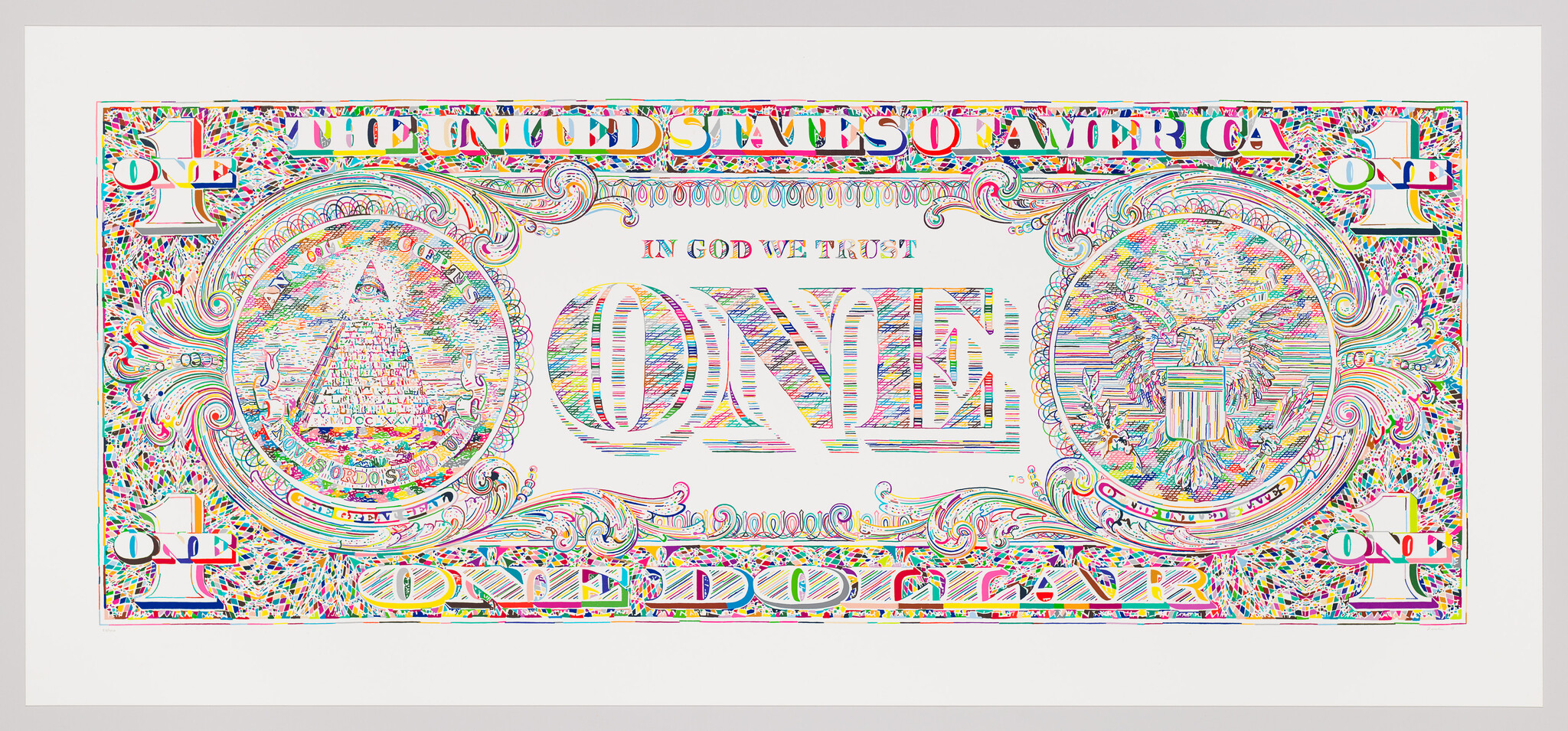 A colorful, stylized one-dollar bill back showing the Great Seal and large One lettering.