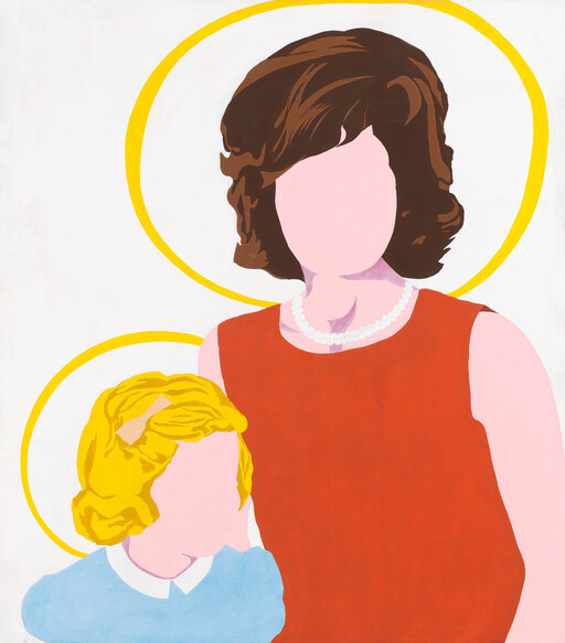 Faceless mother and child with yellow halos, mother wearing red dress and pearls.