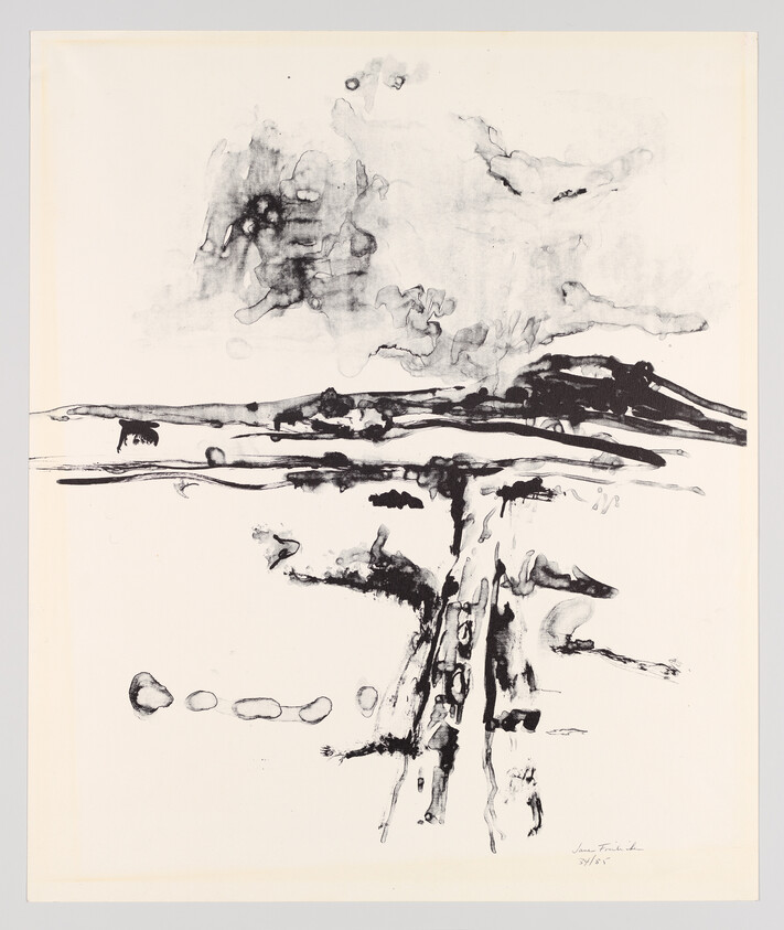 Abstract black ink landscape suggesting a distant horizon and a rough path leading toward it.