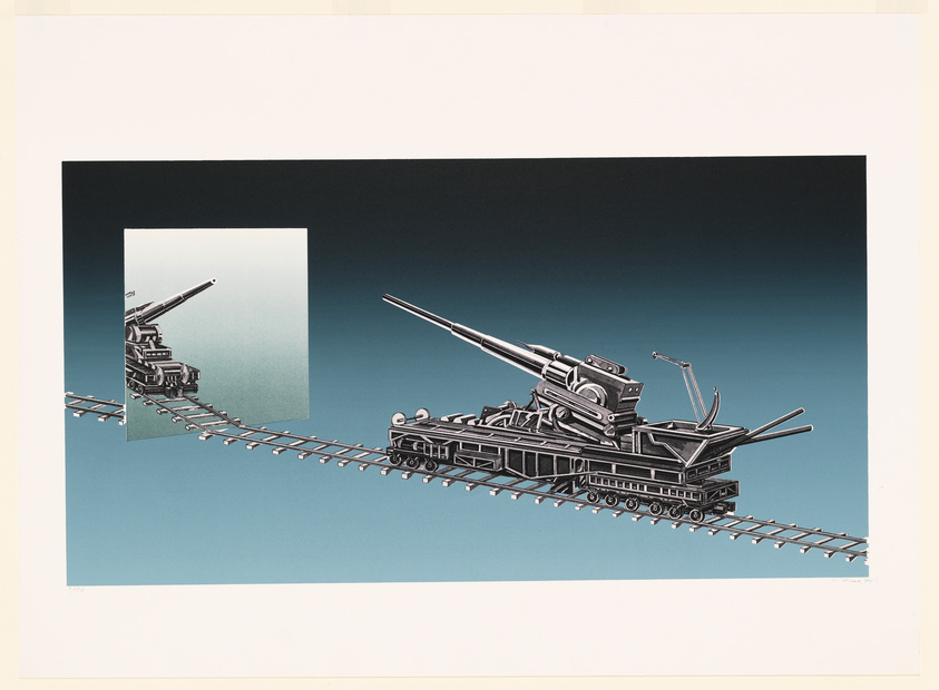 Illustration of a surreal scene with two anti-aircraft guns mounted on railway cars, positioned on tracks that extend into the sky. The background is split between a plain white and a gradient from black to blue, creating a stark contrast with the detailed mechanical drawing.