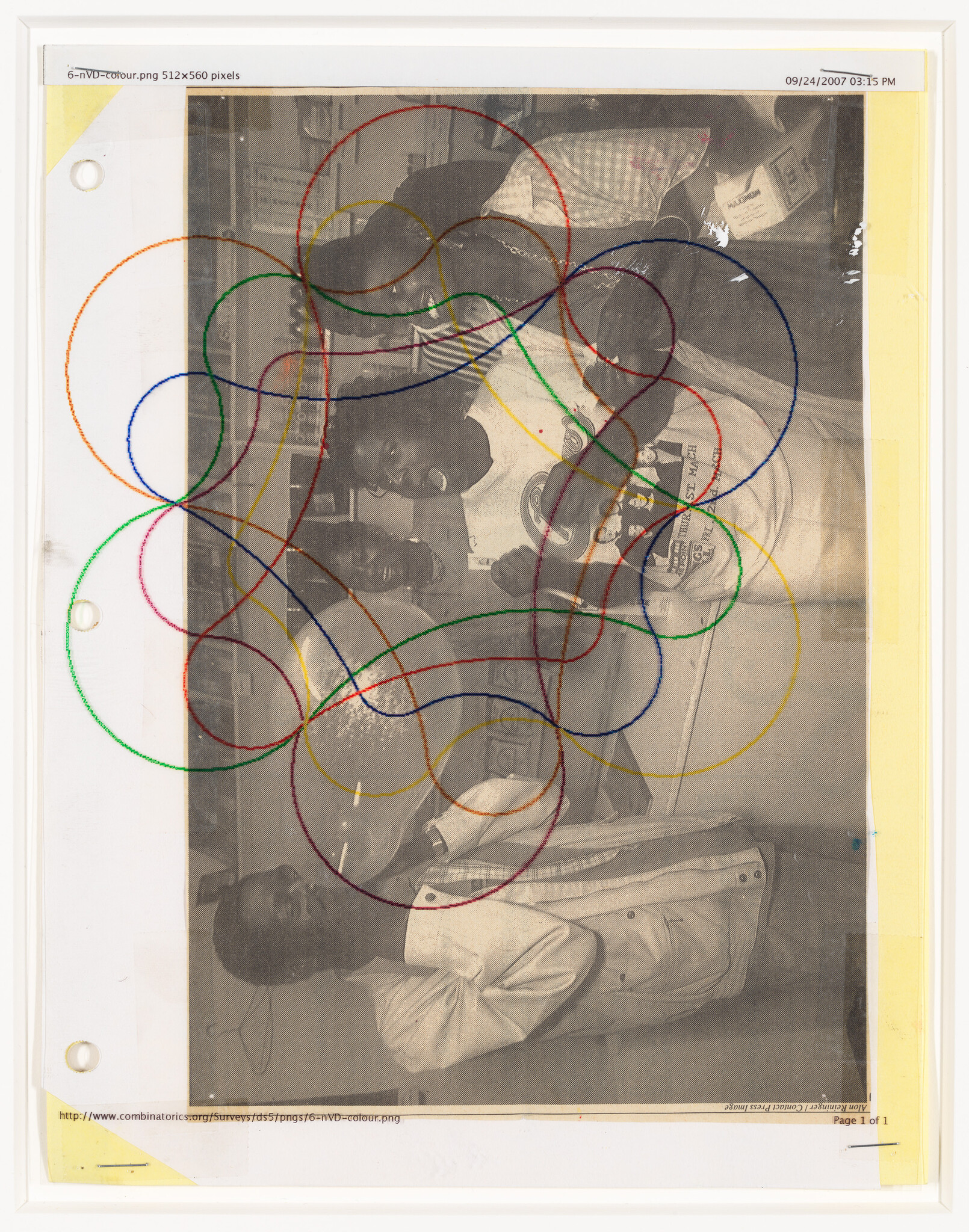 Three people smiling in a printed photo with colorful embroidered loops stitched over it.