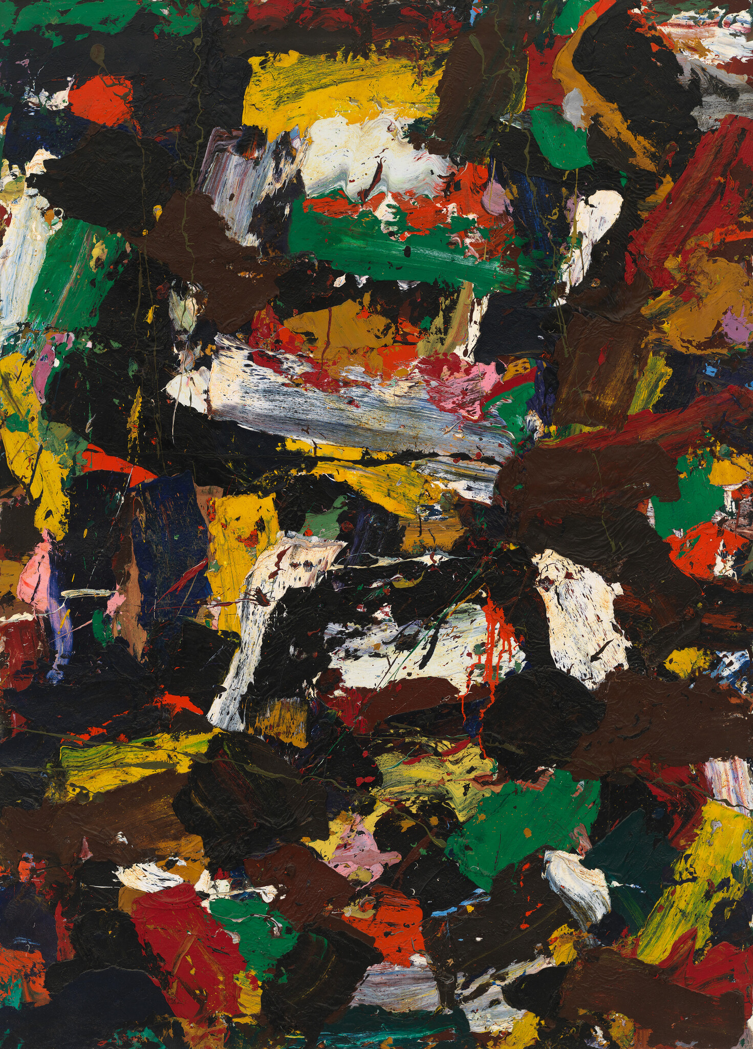 Thick colorful paint strokes and patches overlap in an energetic abstract composition.