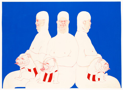 Three seated men back-to-back each holding a bulldog wearing red-striped vests.