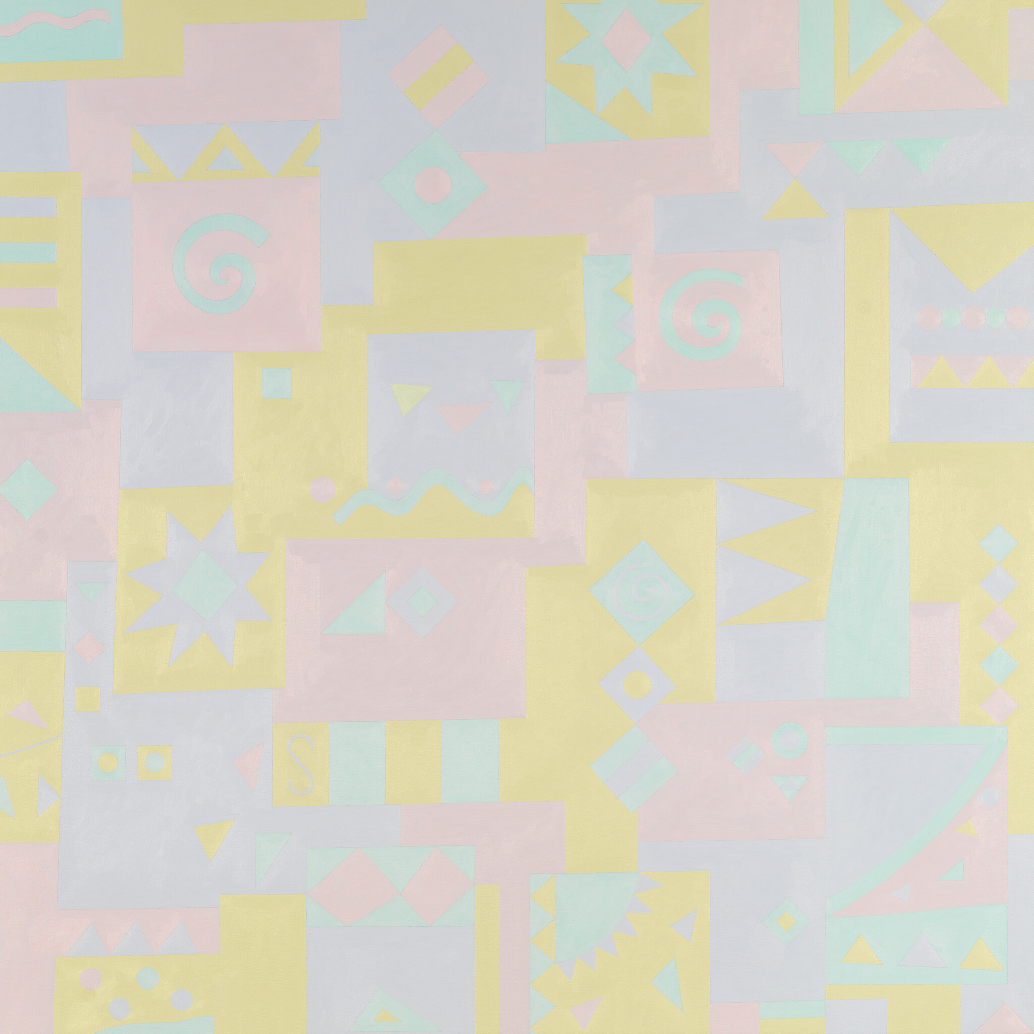 Pastel geometric pattern with squares, triangles, circles, and wavy lines in soft yellow, pink, and blue.