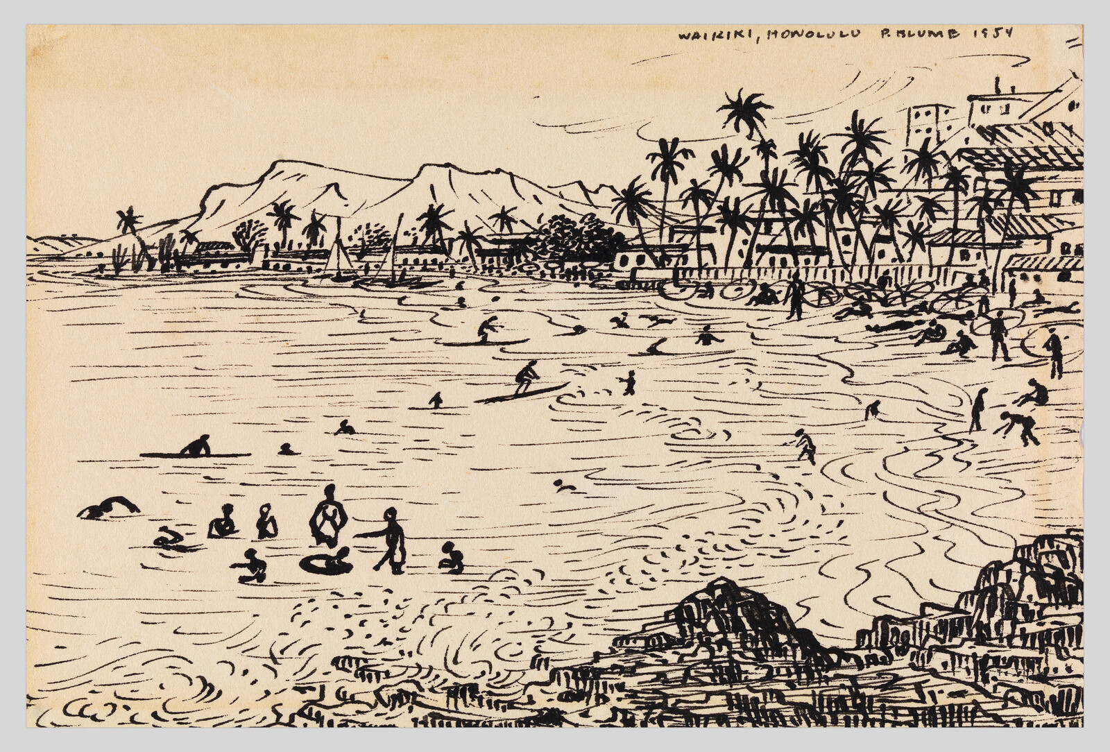 People swimming and playing in the ocean near a palm-lined Waikiki shoreline with distant mountains.