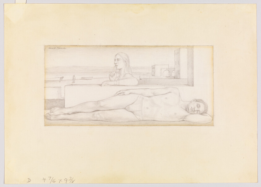 A reclining nude man sleeps while a woman leans on a wall looking toward the sea.