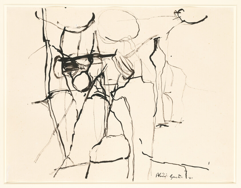 Loose black ink lines sketch suggesting two standing figures on cream paper.