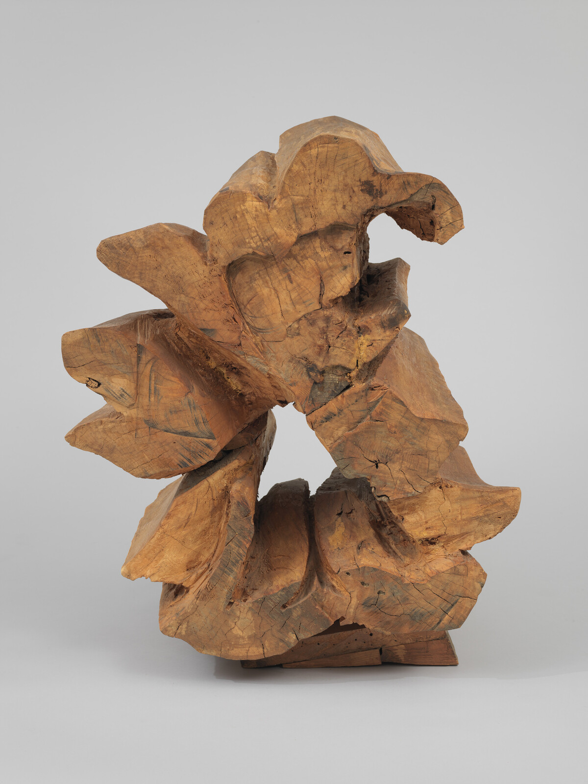 Roughly carved wooden sculpture forming a circular hollow with jagged, organic shapes and visible grain.
