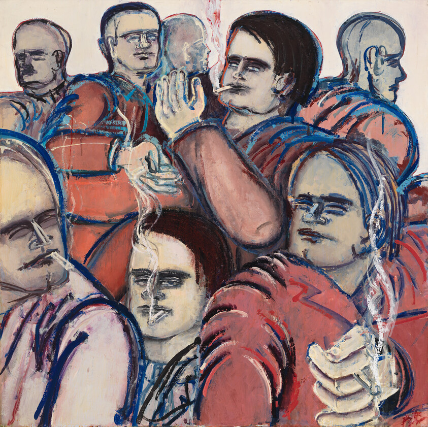 An expressive painting featuring multiple overlapping figures in various shades of red and blue, with prominent outlines and brushstrokes. Some figures appear to be smoking, and the central character is holding a cigarette with smoke rising from it. The artwork conveys a sense of crowdedness and intensity.