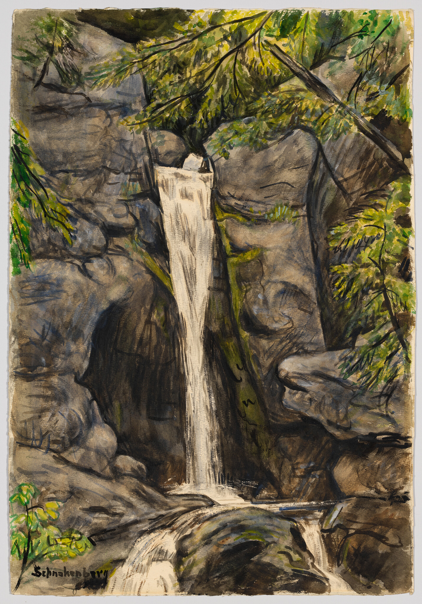A narrow waterfall cascades down a rocky cliff surrounded by green trees and moss.