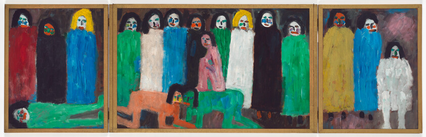 A group of people with colorful faces and clothes stand and sit together, some lying down, with serious expressions.
