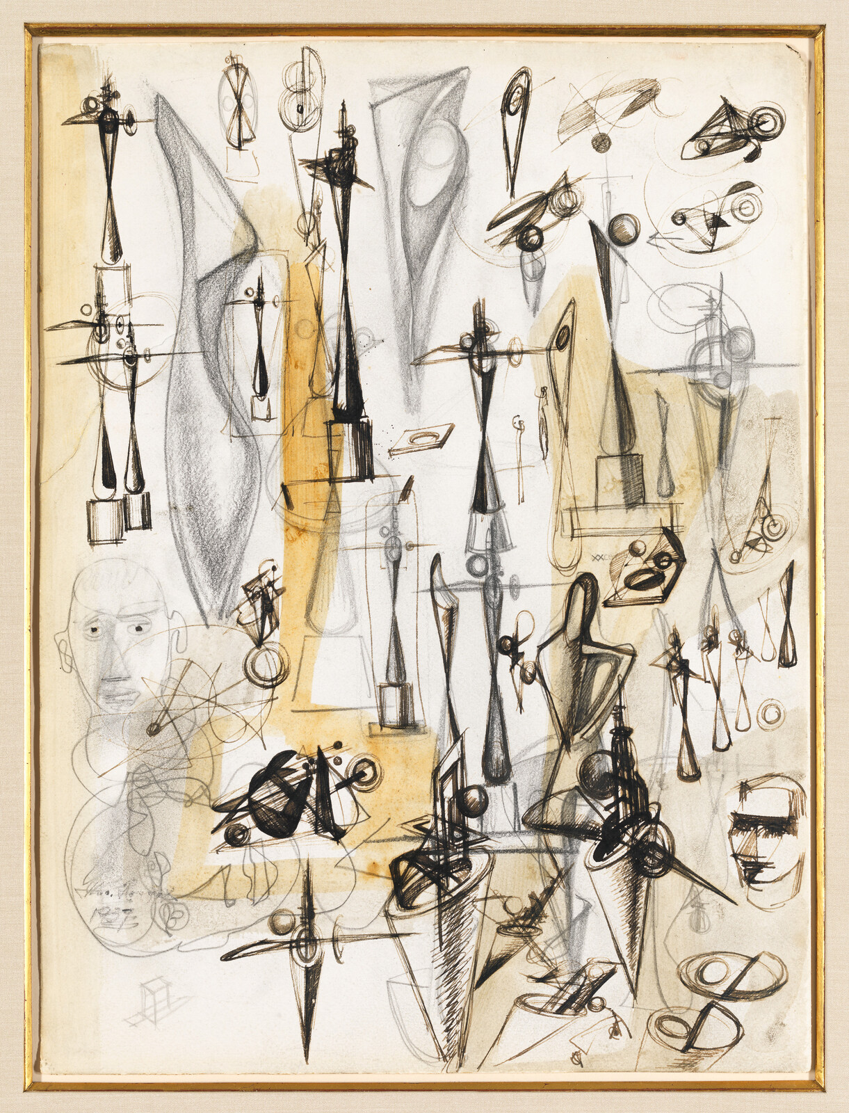 Numerous abstract pencil and ink sketches of elongated figures, geometric shapes, and mechanical doodles on paper.