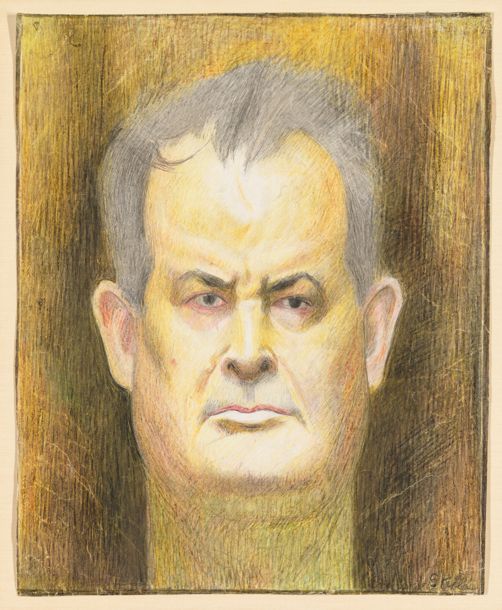 A colored drawing of a middle-aged man with a stern expression staring straight ahead.