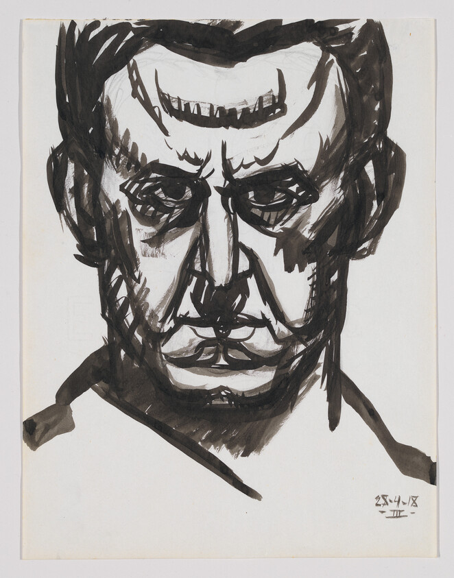 A bold black ink portrait of a serious man's face with strong shadowed features.