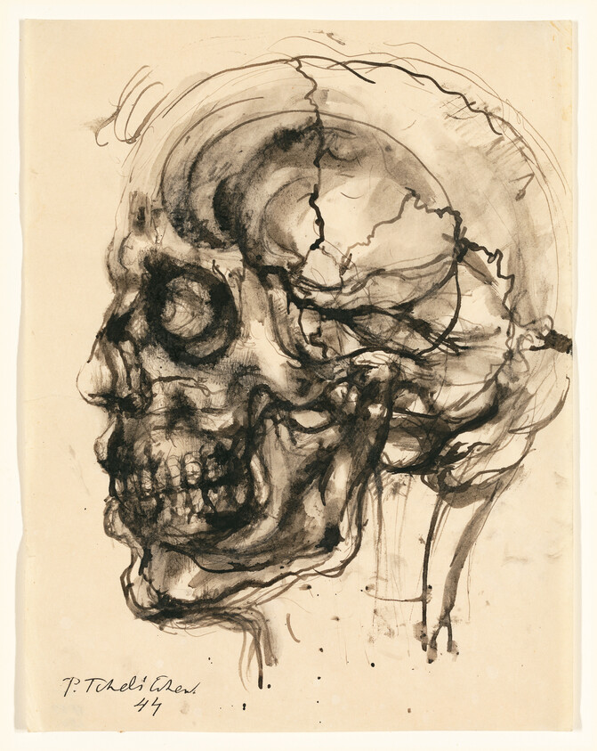 Sketch of a human skull in profile with expressive, dark brush strokes on aged paper, signed and dated by the artist.