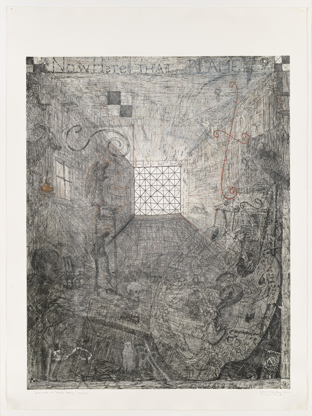 A detailed monochrome drawing of a cluttered corridor leading to a bright geometric window at the end.