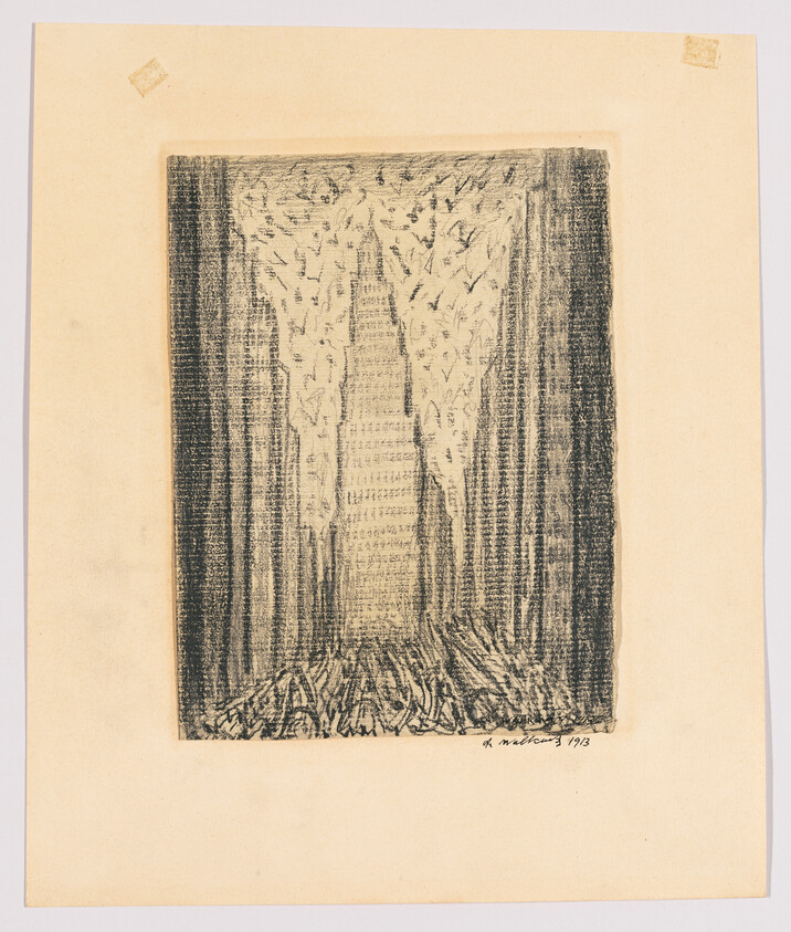 Tall skyscraper framed by dark vertical buildings with birds flying above and debris at its base.