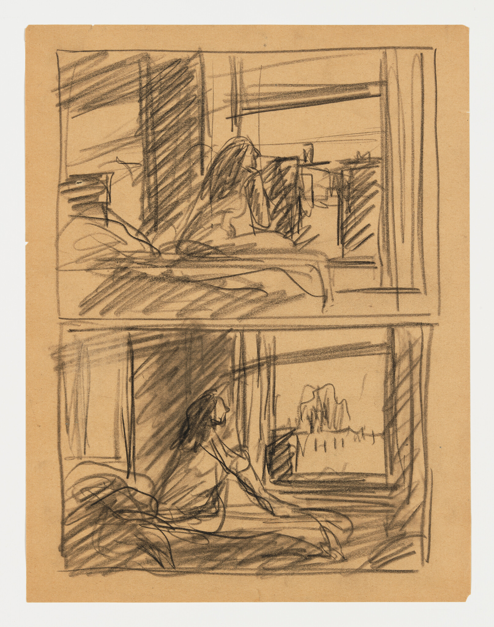 Woman sitting on a bed gazing out a window in two quick pencil sketches.