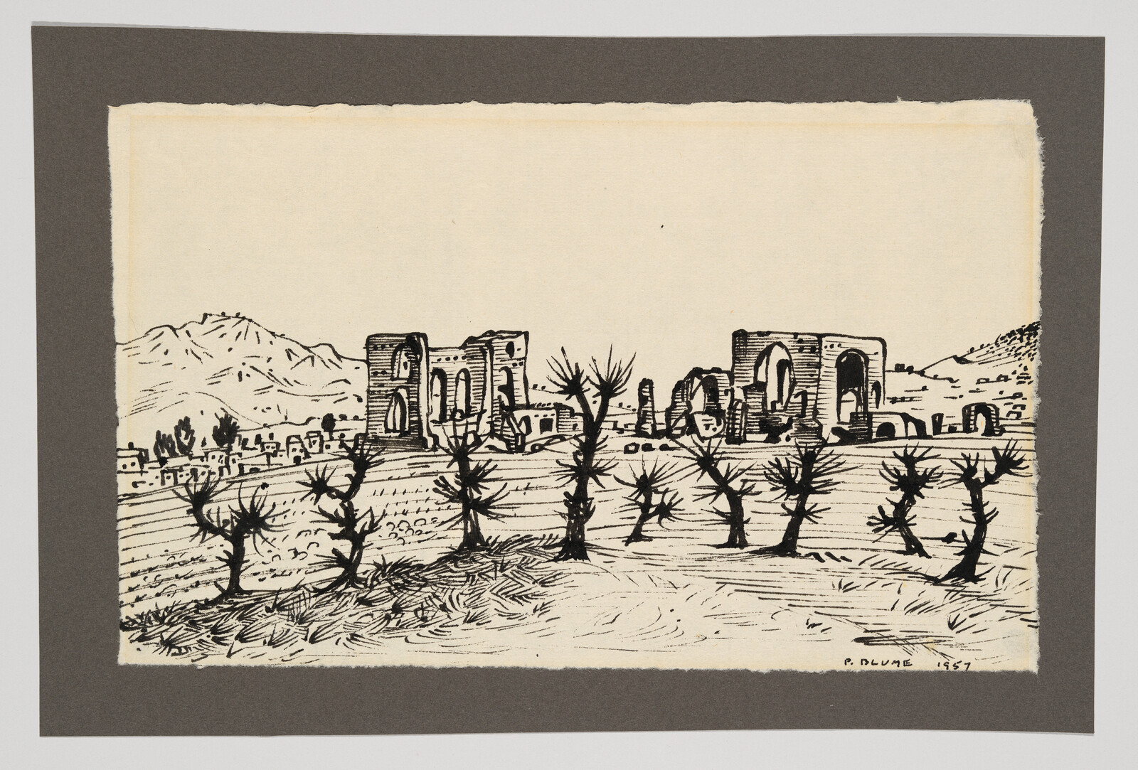 Ruined stone buildings sit behind a row of leafless, spiky trees in a sparse landscape.