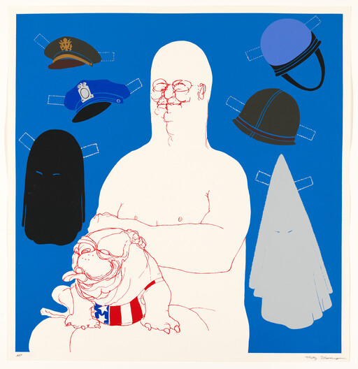 Man holding a bulldog wearing an American-flag collar, surrounded by various hats and hoods.