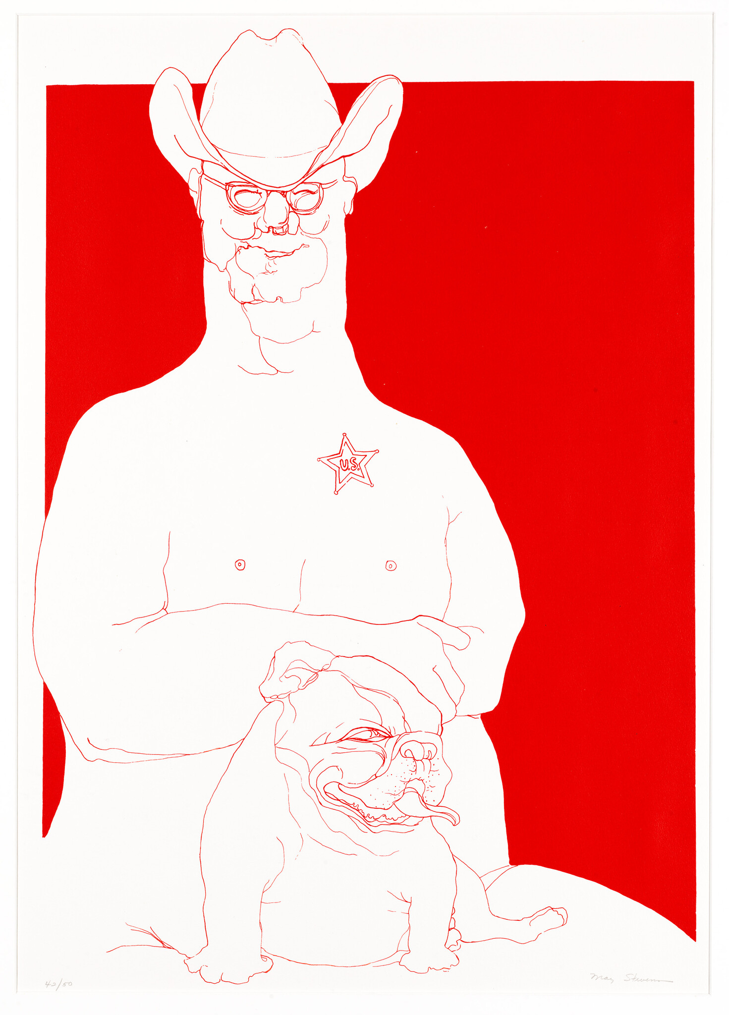 A shirtless man wearing a cowboy hat and star badge stands behind a panting bulldog.