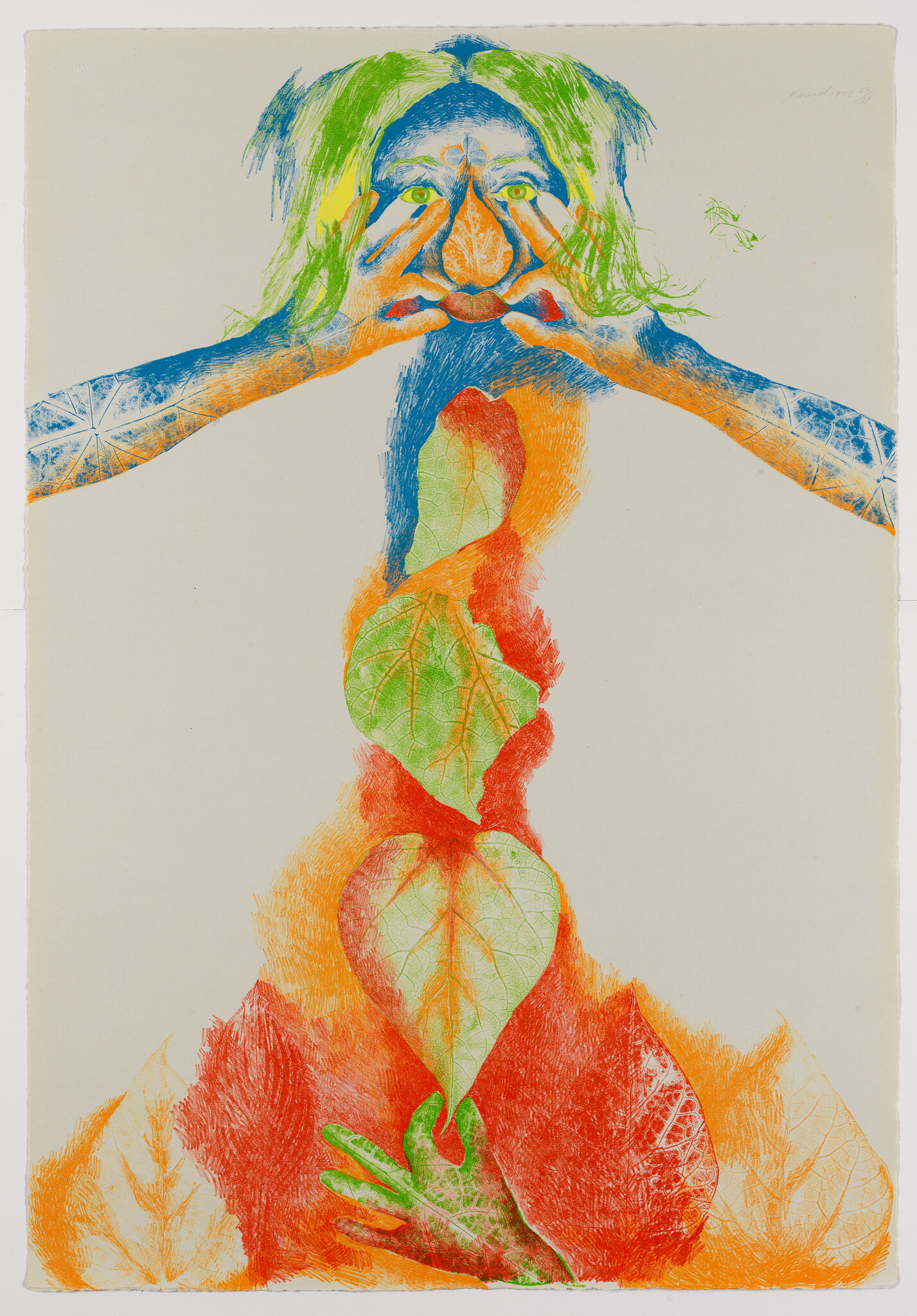 A colorful figure pulls at their face with hands while large green leaves run down their torso.