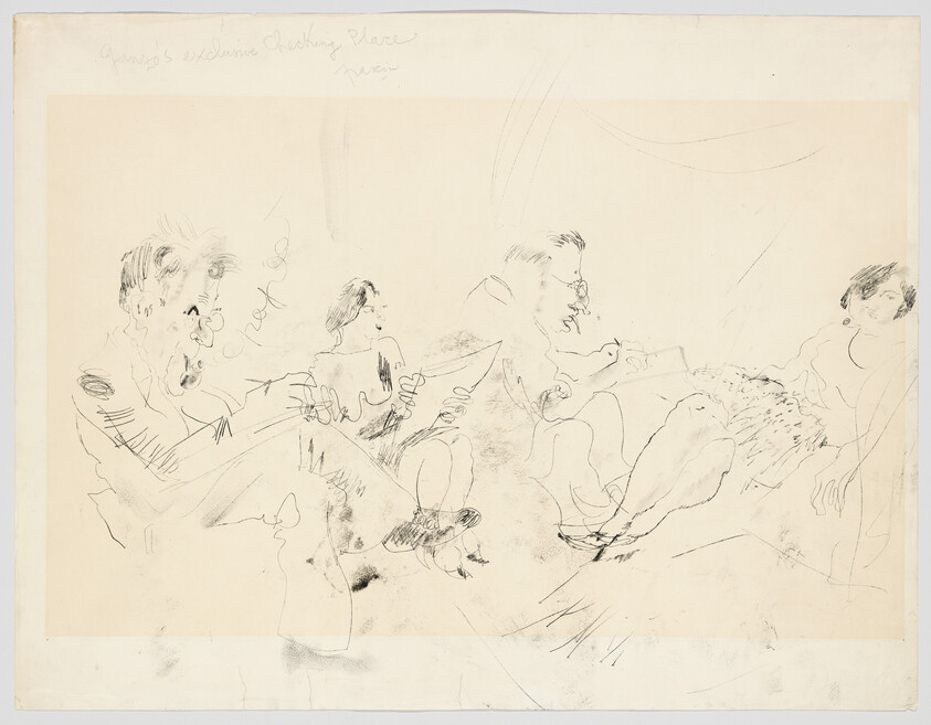 A loose ink sketch showing five people seated in a row, some reading papers.