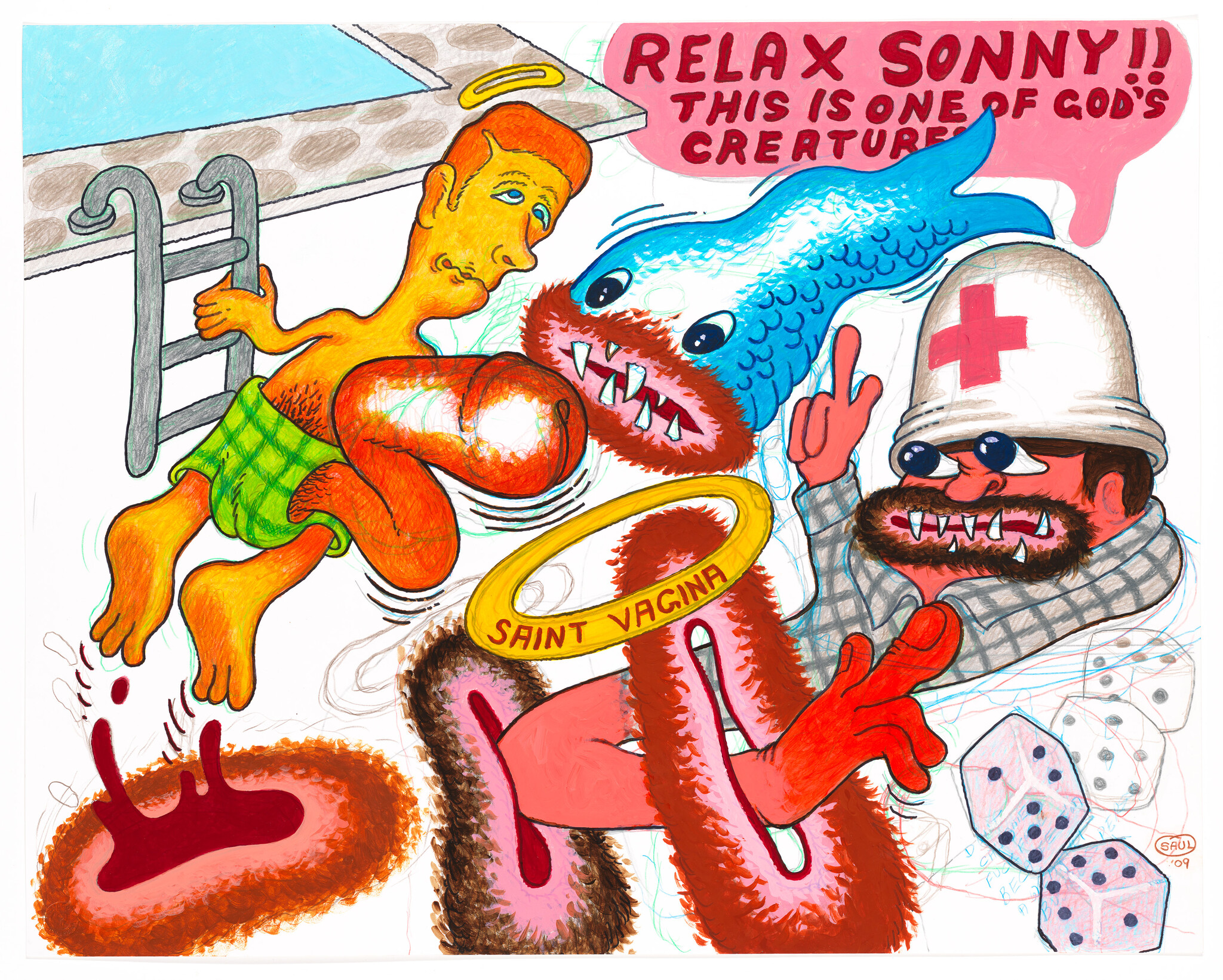A swimmer being grabbed by furry red creatures as a medic gestures and a speech bubble reads "RELAX SONNY."