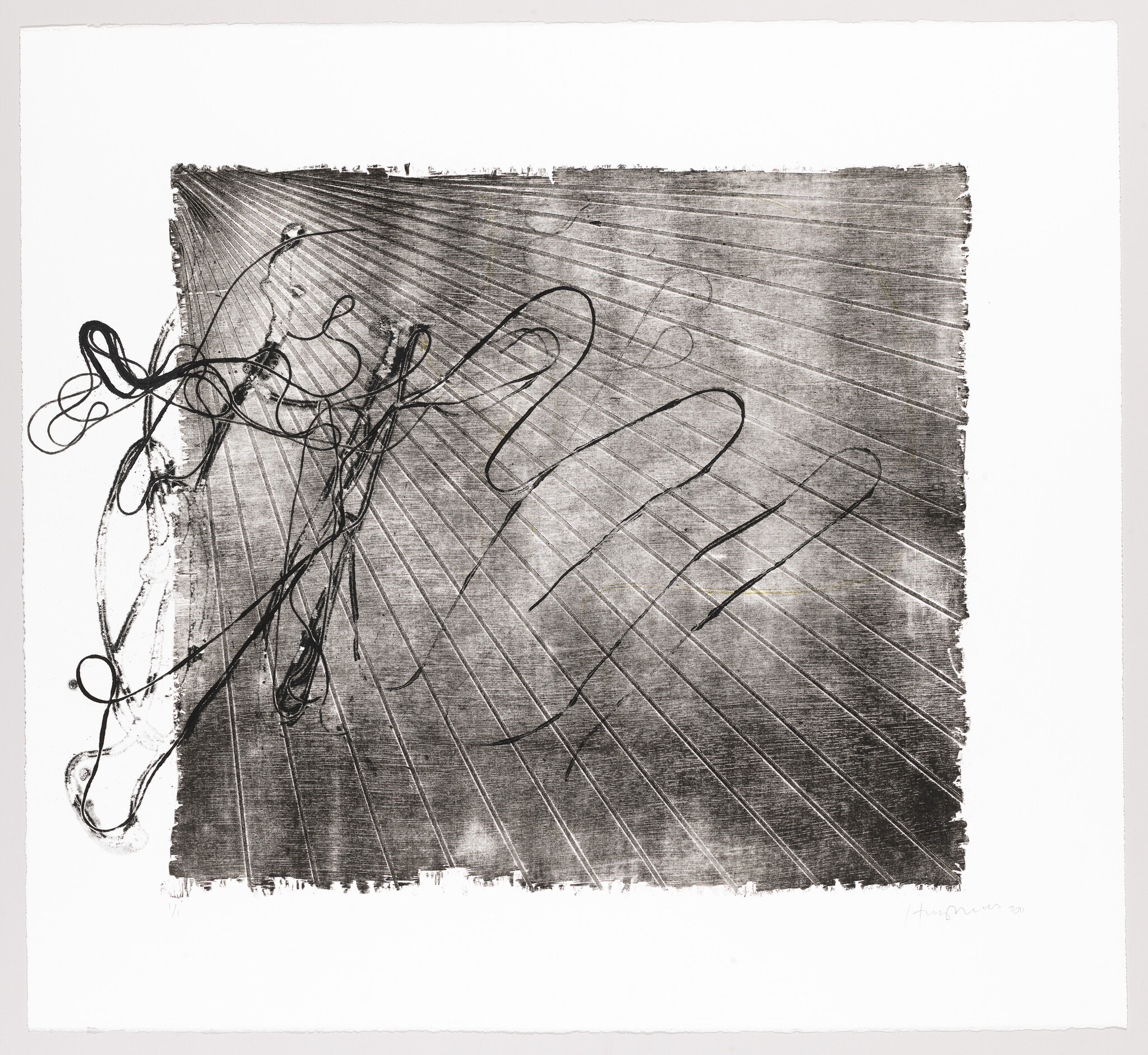 Tangled black thread overlays a gridded print with a faint hand outline and radiating lines.