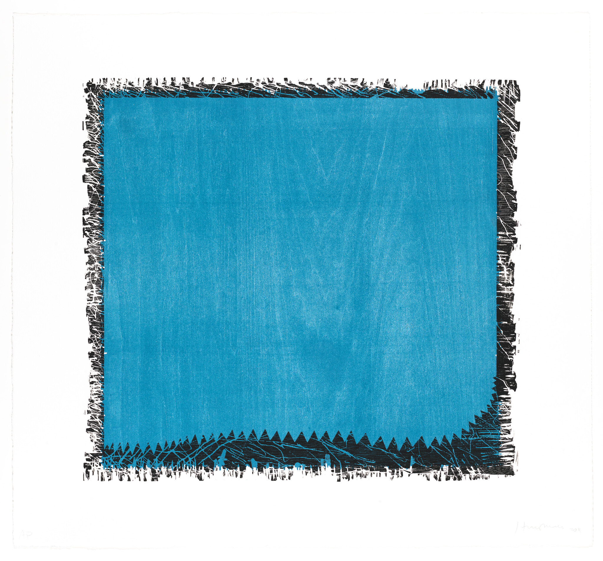 Large textured blue square with rough black jagged border centered on white background.