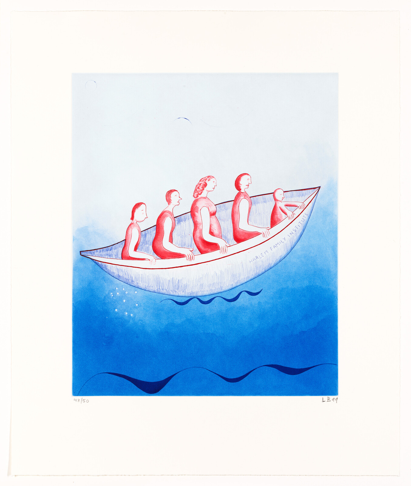 Five people sit in a small boat floating above calm blue water.