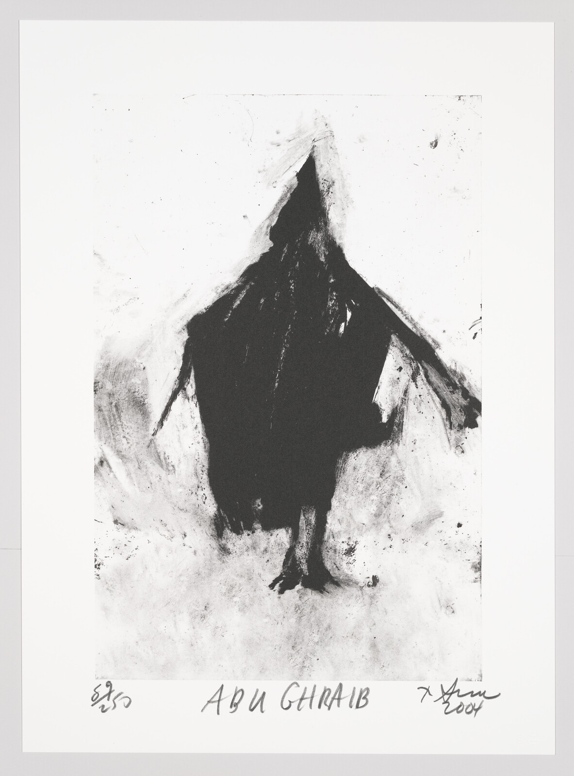 A monochromatic artwork depicting a stylized, abstract figure with outstretched arms and a pointed hood, reminiscent of a person in a cloak or shroud. The figure is set against a rough, textured background that fades from dark to light. The bottom of the image features handwritten text, "5/50 ABU GHRAIB" and a signature with the year 2004.
