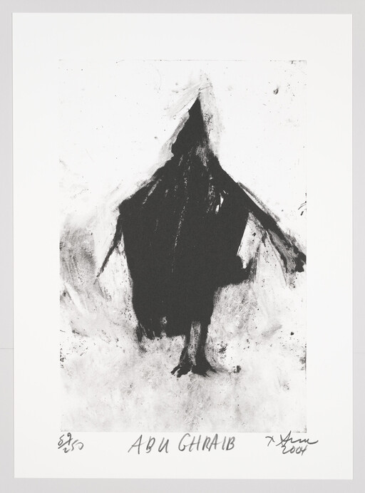 A shadowy hooded figure with outstretched arms standing above handwritten text reading "ABU GHAIB."